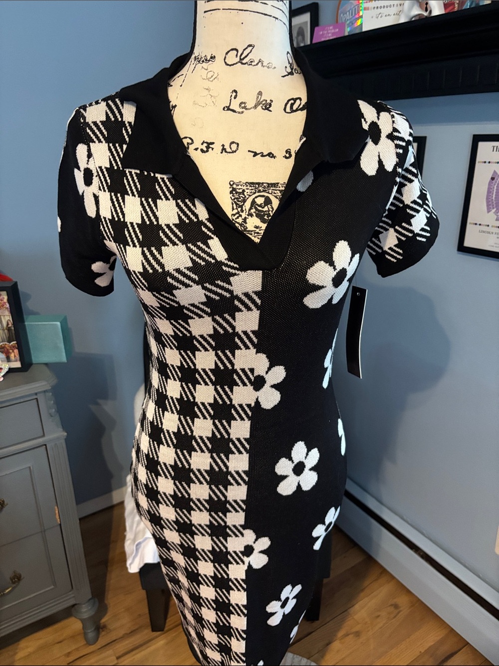 Black & White Floral Plaid Knit Polo Dress